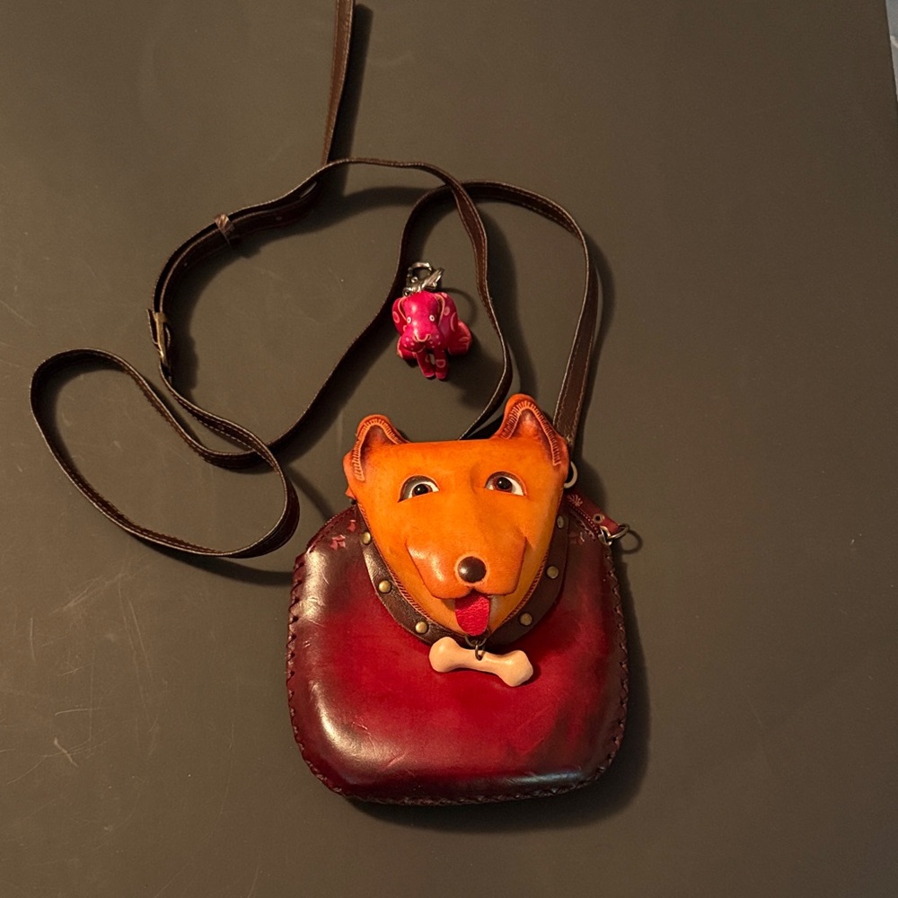Dog 3D Face Leather Crossbody Bag and 3D Dog keychain. Handmade. Never used
